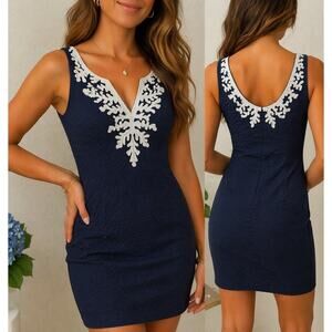 Lilly Pulitzer Navy Embroidered Sequin Sheath Dress Size 6 Preppy